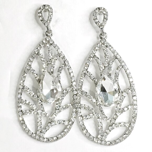 Crystal Rhinestone Drop Earrings Cocktail Formal Bridal Pageant Prom - Picture 3 of 4